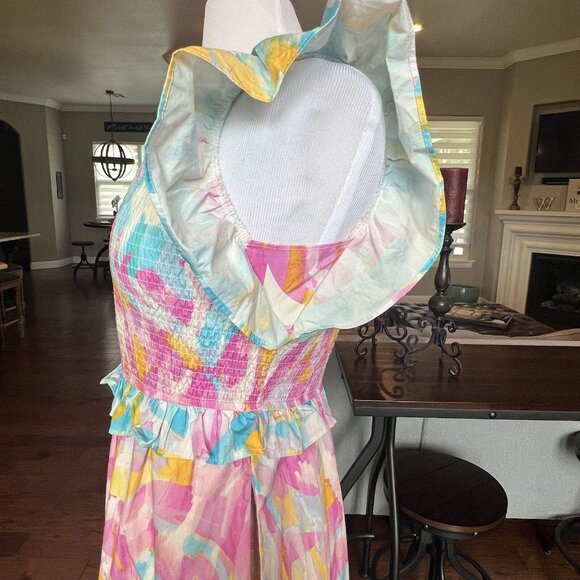 NWT Peach Love Dress Size Small Pink Blue White Floral Smocked Ruffle Maxi Midi - Picture 5 of 16